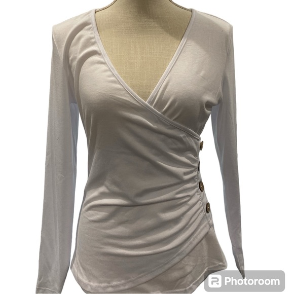 Women’s Casual Deep V-Neck Long Sleeve Cross Wrap T - Picture 4 of 7